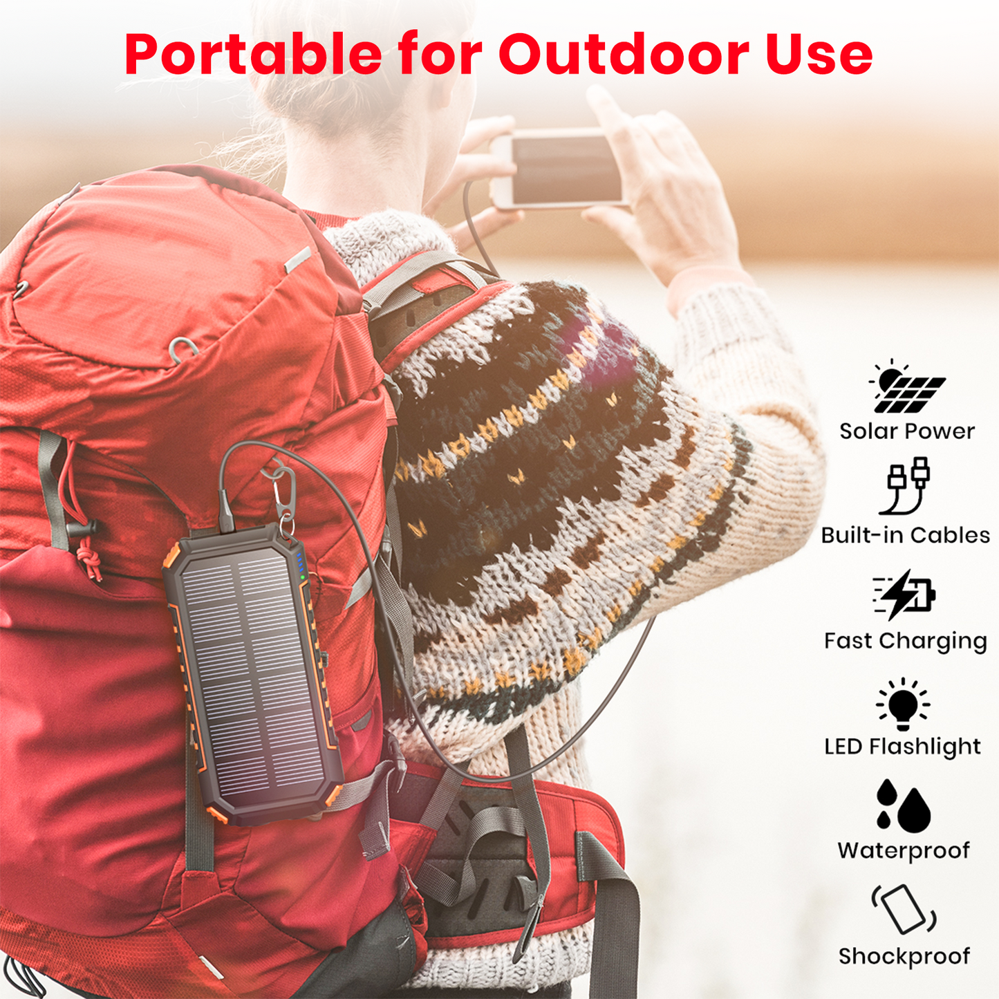 CONXWAN Solar Power Bank 27000mAh Built-in 3 Cables