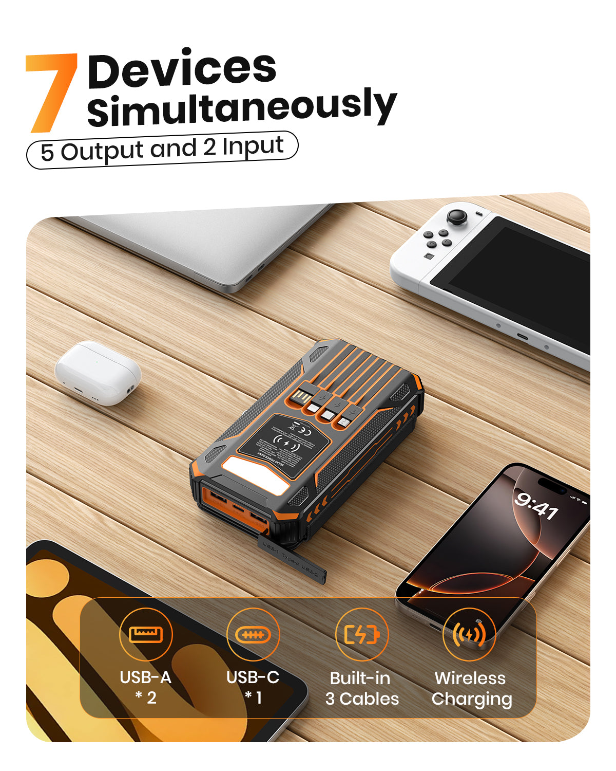 SOARAISE Solar Charger Power Bank Built-in 4 Cables and 4 Solar Panels